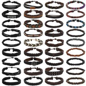 Braided Leather Bracelet Set Adjustable Woven Cuff Boho Tribal Style Unisex